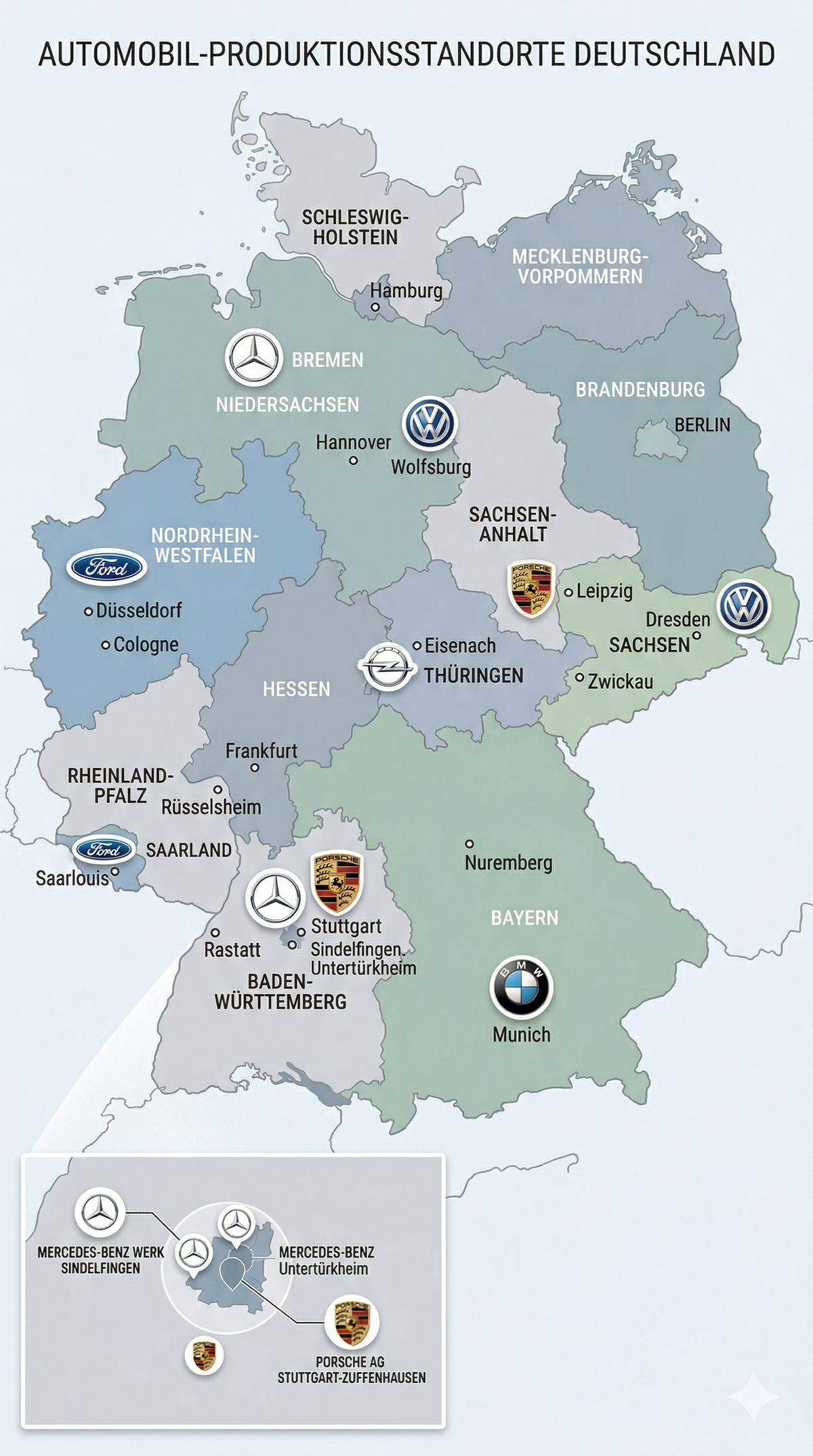 Automobil-Produktionsstandorte Deutschland, Karte mit allen Bundesländern und Herstellern: VW in Wolfsburg, BMW in München, Mercedes-Benz in Stuttgart/Sindelfingen, Porsche in Stuttgart-Zuffenhausen, Ford in Köln/Saarlouis, Opel in Eisenach/Rüsselsheim