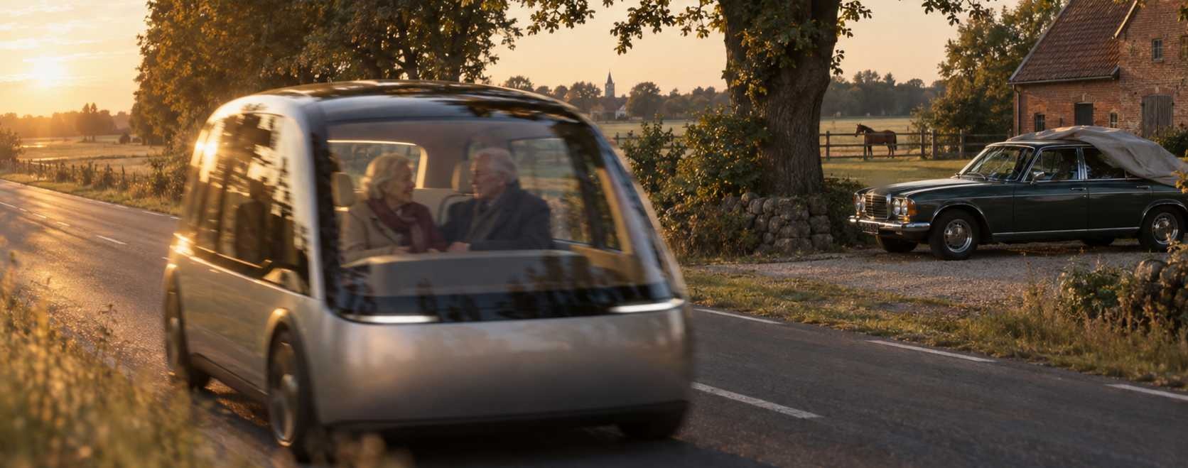 Abendliche Landstraße: vorn ein fahrerloses Fahrzeug mit einem älteren Ehepaar hinter der Scheibe, rechts ein Oldtimer unter einer Eiche, dahinter ein Pferd auf der Koppel