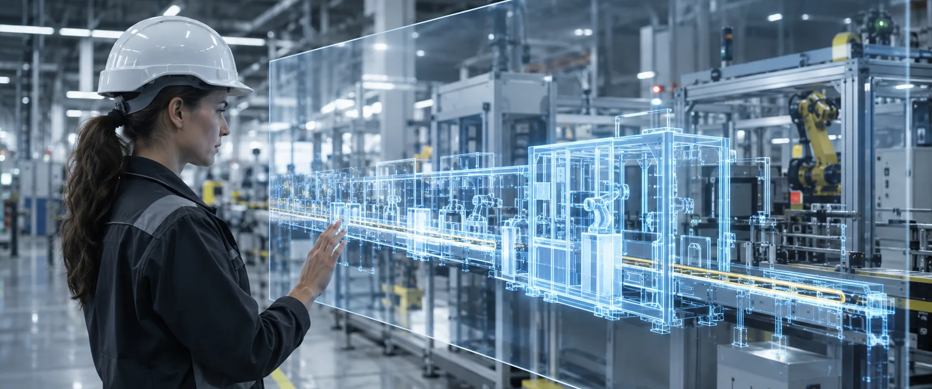Ingenieurin in einer Fabrikhalle vor einem transparenten Bildschirm mit dem 3D‑Modell einer Produktionslinie