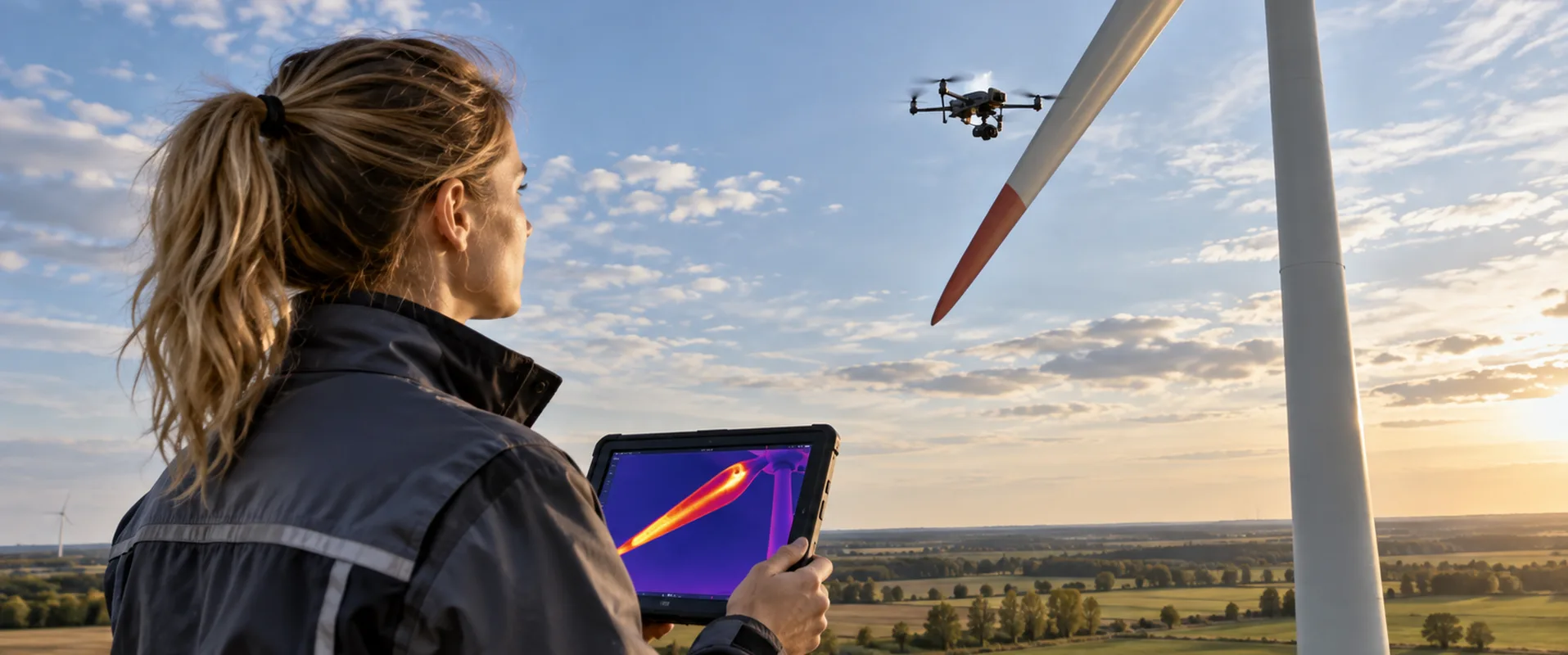 Technikerin unter einem Windrad in Brandenburg, eine Drohne fliegt am Rotorblatt, auf dem Tablet ist ein Wärmebild zu sehen