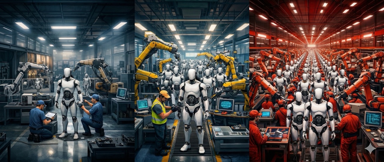 Humanoide Roboter — Triptychon Vergleich Deutschland, USA, China: drei Werkshallen mit unterschiedlich vielen humanoiden Robotern und unterschiedlichen Lichtstimmungen