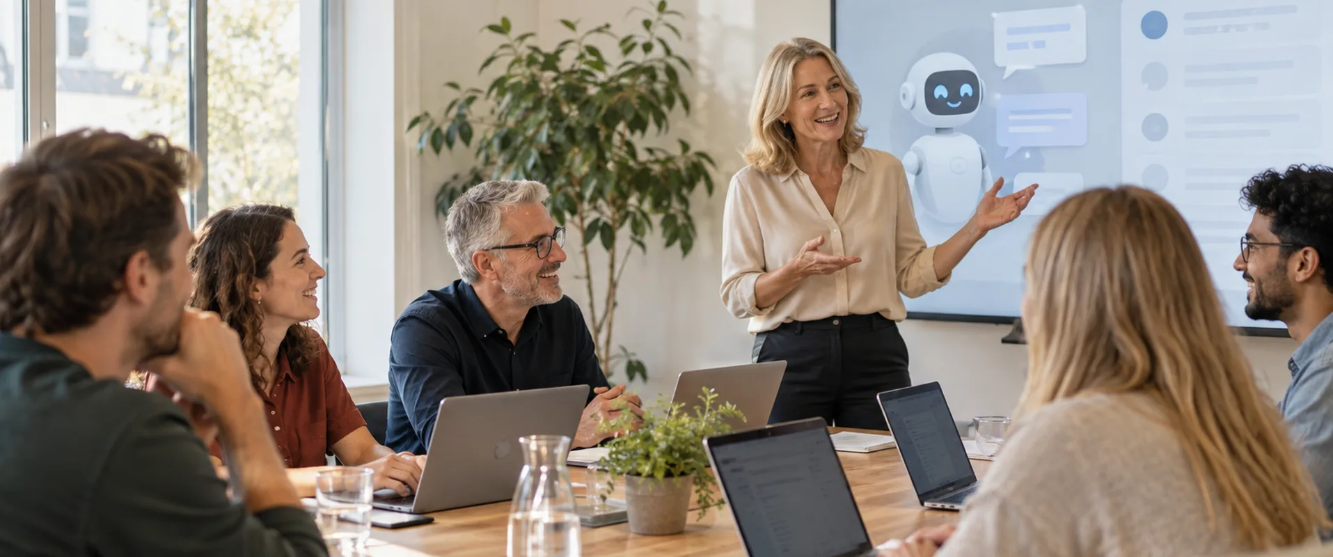 KI-Coach erklärt einer Gruppe am Besprechungstisch die Arbeit mit einem KI-Assistenten