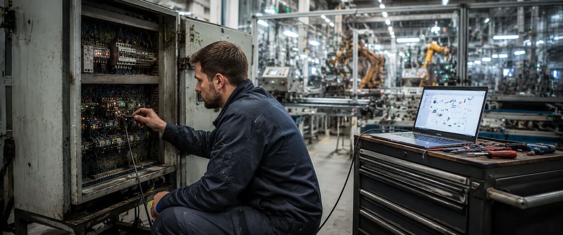 Ingenieur verbindet Laptop mit Schaltschrank