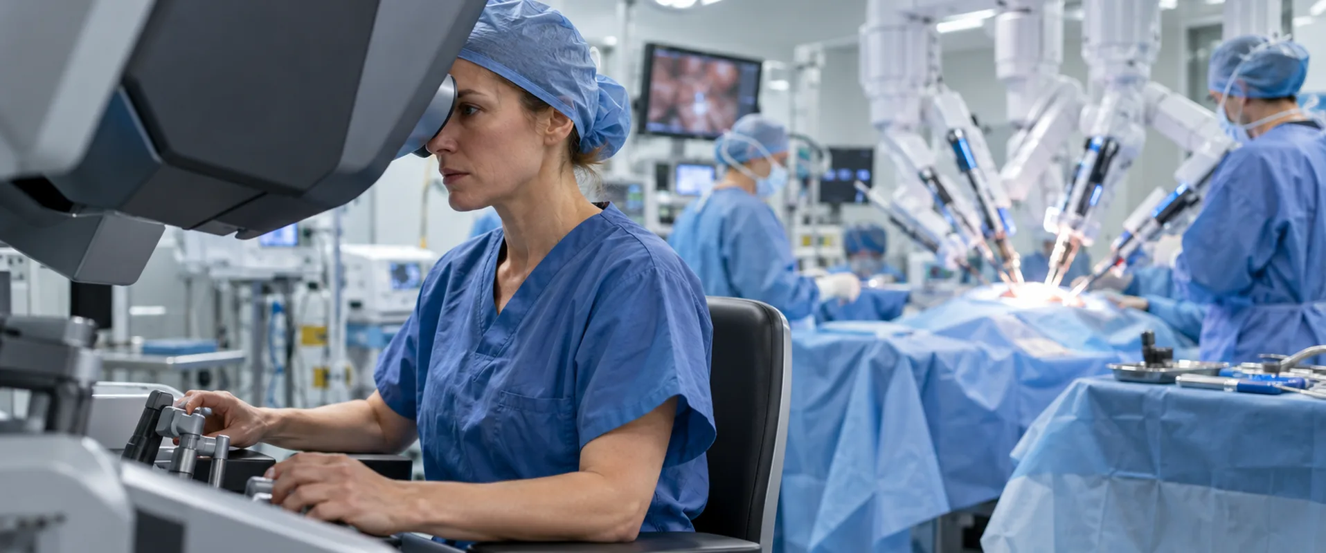 Chirurgin an der Steuerkonsole eines OP-Roboters, im Hintergrund das OP-Team und die Roboterarme am Patienten
