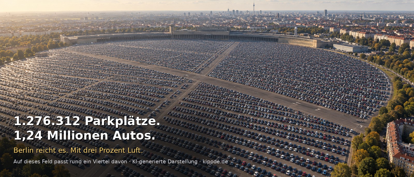 Luftbild des Tempelhofer Felds in Berlin, vollständig mit geparkten Autos belegt, dahinter die Stadt