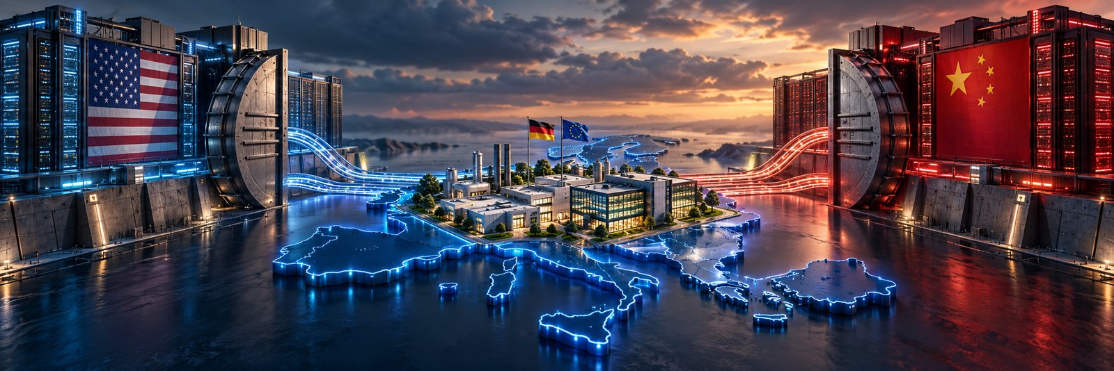 Zwei Rechenzentren mit amerikanischer und chinesischer Flagge schließen schwere Tore, dazwischen liegt Europa mit deutscher und EU-Flagge