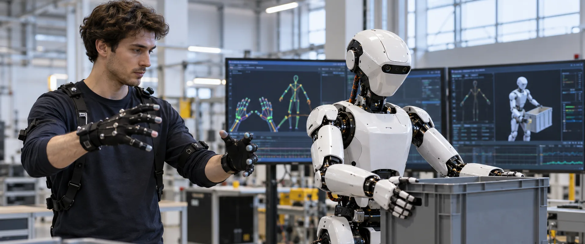 Roboter-Trainer mit Motion-Capture-Handschuhen, daneben ein humanoider Roboter, der die Greifbewegung nachahmt und eine Kiste hebt, im Hintergrund Monitore mit Bewegungsdaten