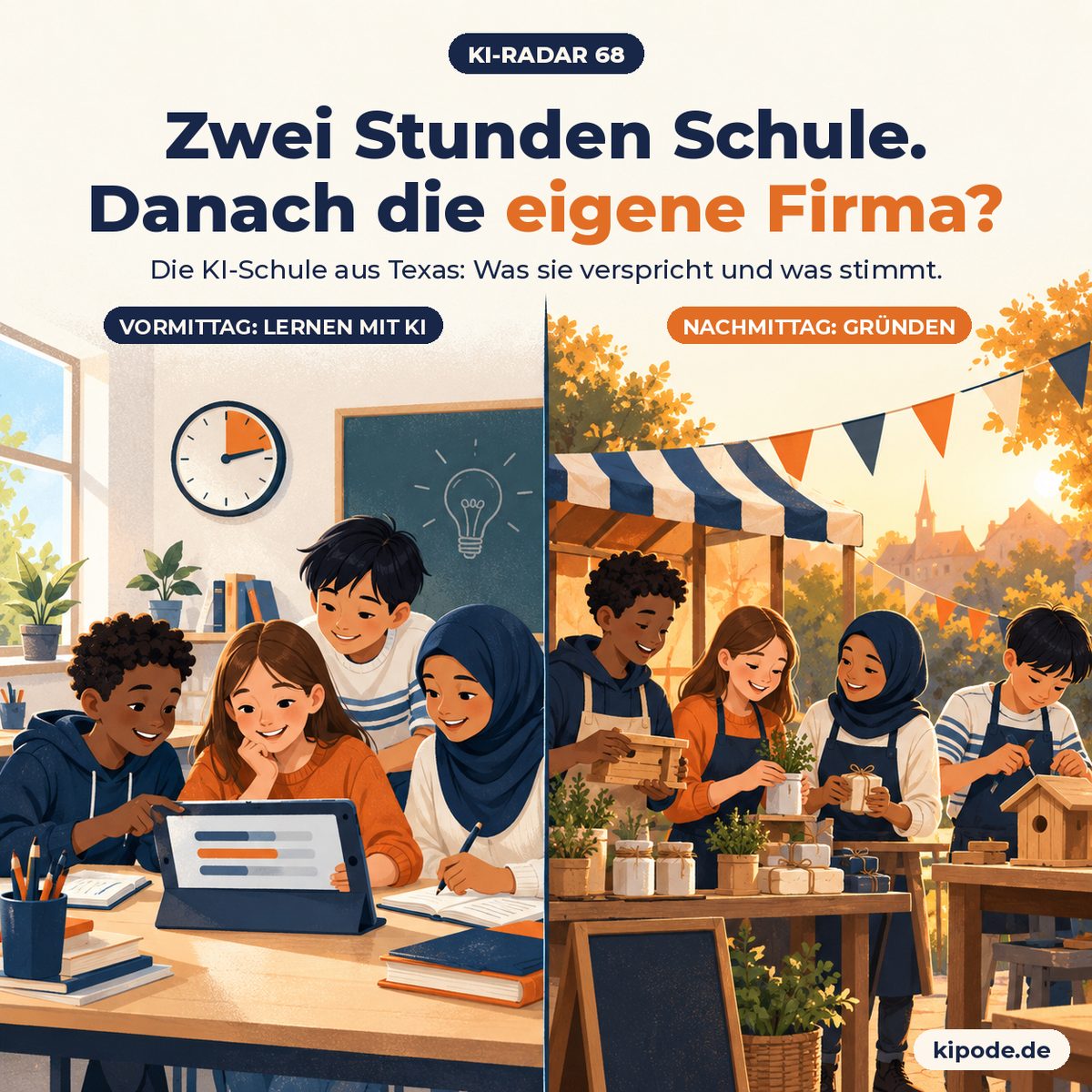 Illustration: Kinder lernen vormittags mit einem Tablet und verkaufen nachmittags an einem Marktstand selbst gebaute Waren